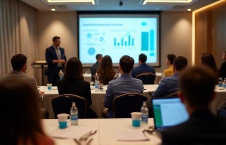 Workshop with participants watching investment presentation