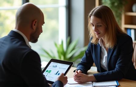 Personal finance advisor consulting client on investments
